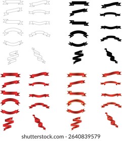 Set of ribbon design element in various style outline, black, red, and gold red gradient color