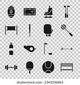 Set Ribbon in finishing line, Barbell, Tennis racket, Skates, Baseball bat, Volleyball net, American Football and Boxing glove icon. Vector