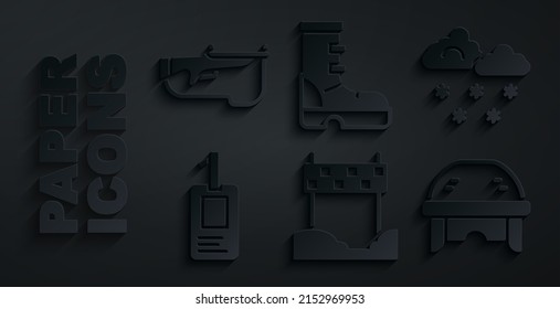 Set Ribbon in finishing line, Cloud with snow, Identification badge, Hockey helmet, Waterproof rubber boot and Biathlon rifle icon. Vector