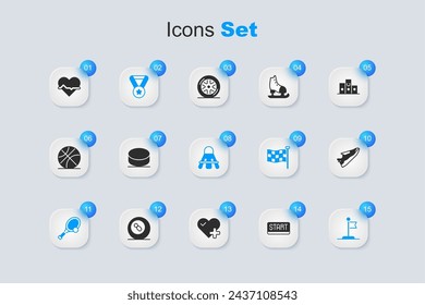 Set Ribbon in finishing line, Hockey puck, Medal, Tennis racket with ball, Flag, Fitness sneakers shoes, Heart rate and Badminton shuttlecock icon. Vector