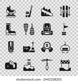 Set Ribbon in finishing line, Ski lift, Location marker, Mountain descent, Snowshoes, Waterproof rubber boot, Skates and Hiking backpack icon. Vector