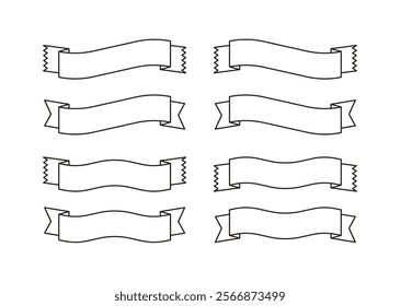 A set of ribbon, flag, insignia label banner illustrations drawn with simple lines.