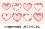Set of ribbon heart frames decorated coquette pretty charming bows, hearts, stars, cherry, lace. Holiday trendy borders. Vintage elements for greeting cards, wedding, invitations, social media, party