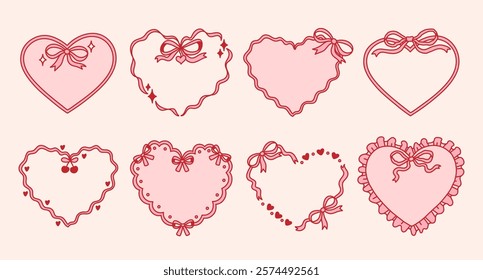 Set of ribbon heart frames decorated coquette pretty charming bows, hearts, stars, cherry, lace. Holiday trendy borders. Vintage elements for greeting cards, wedding, invitations, social media, party