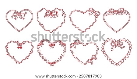 Set of ribbon heart frames decorated coquette pretty charming bows, hearts, stars, cherry, lace. Trendy borders. Vintage elements for greeting cards, wedding, invitations, social media, party