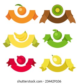 Set of ribbon labels with fruits. Flat design banners.