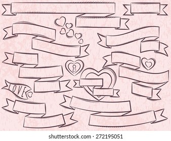 Set of ribbon over pink background, vector illustration