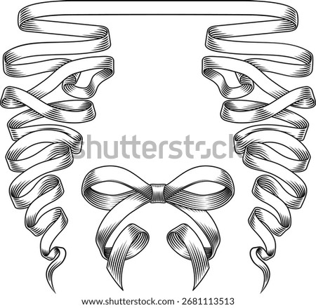 A set of ribbon paper scroll parchment banner band and Christmas gift bow in a vintage woodcut etching style
