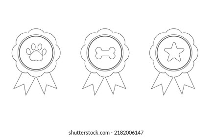 Set of ribbon paw, bone, star style line badges. 