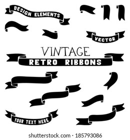 Set of ribbon silhouettes. Black contours isolated on white background. Vector illustration. There is place for your text.