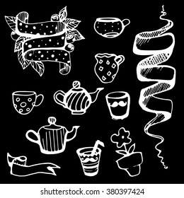 Set of ribbon, teapots, cups, milk jug, flower. handmade white chalk drawings on the black background vector. 11 elements