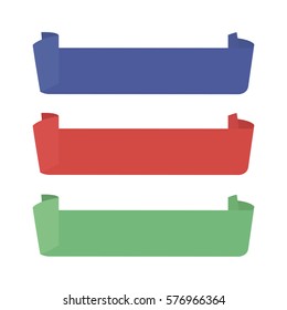 Set of ribbon vector icon red, blue and green colors on white background. Banner isolated shapes illustration