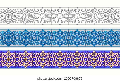 Set of ribbons with ancient Arabic ornament. Seamless pattern. Color and black and white template. Medieval print for design, decoration, fabric, tiles, embroidery, wallpaper. Flat vector illustration