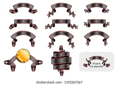 Set of ribbons and banners with copy space. Heraldic tapes. Vector isolated realistic illustrations. Version Black A