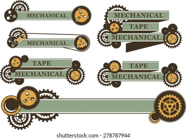 set of ribbons and banners decorated in the style of steam punk gears on a white background