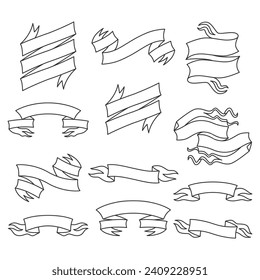 Set of ribbons banners line art black and white. Design elements for greeting cards, banners, invitations. Sketch, vector illustration.