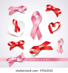 Set of ribbons and bows on a white background. Vector illustration.