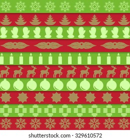 Set of ribbons with Christmas ornament on red and green background