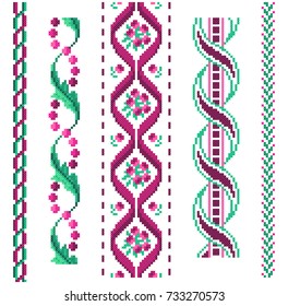 Set of ribbons in cross stitch style. Embroidered good like handmade cross-stitch ethnic Ukraine pattern