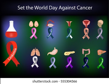 Set of ribbons of different colors against cancer. International World Cancer Day. International Childhood Cancer Day. Vector