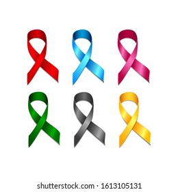 Set of ribbons of different colors. Symbol of the fight against cancer of the breast, prostate, kidney, the problem of suicide and violence, AIDS, diabetes, donation. Vector illustration. 