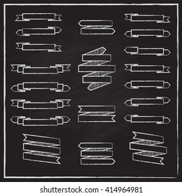 Set of ribbons drawing with chalk. Banners and templates for your design. Vintage ribbons on the blackboard. Vector chalkboard illustration.