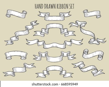 Set of ribbons drawn in engraving style. Vintage engraving elements for menu, poster, web and label. Hand drawn vector illustration isolated on white.
