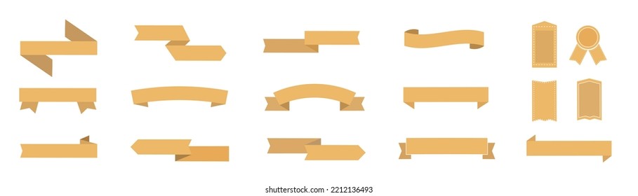 Set of ribbons element vector. Collection of flat, curve, gold, brown, ribbons on white background. Illustration design suitable for decorative, banner, sticker, prints, artwork, card, documents.