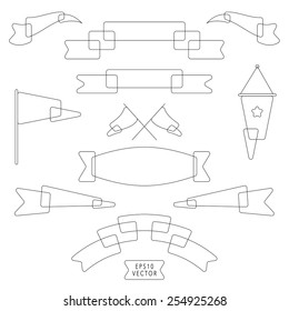 Set of ribbons and flags with rounded edges. Vector lineart.  