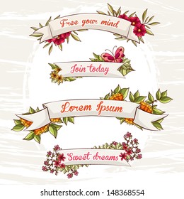 Set of ribbons with floral compositions. Bright flowers and fresh leaves. Vector file has few layers for easy using. 