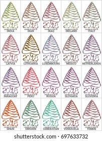 Set of ribbons in the form of a Christmas tree with the colors of the flag of several countries