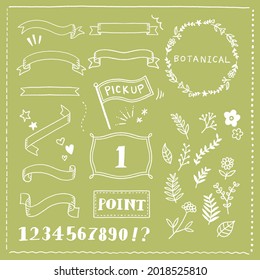 A set of ribbons, frames, plant illustrations, and letters created by hand. Please use it as a design accent. Recommended for creating a fashionable, fun and botanical atmosphere.