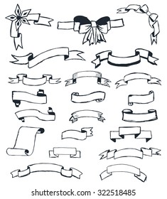Set ribbons hand-drawn on a white background in a retro style. Vector illustration.