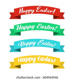 Set of ribbons with happy Easter calligraphy on a white background