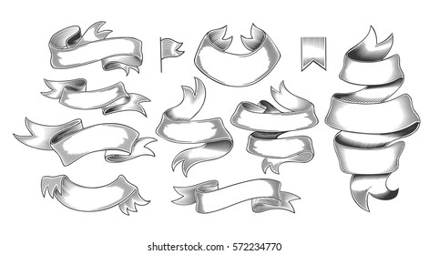 Set of ribbons isolated on white background. Vector illustration of vintage engraving ribbon tapes for menu, poster, web and label. Hand drawn in a graphic style.