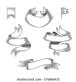 Set of ribbons isolated on white background. Vector illustration of vintage engraving ribbon tapes for menu, poster, web and label. Hand drawn in a graphic style.