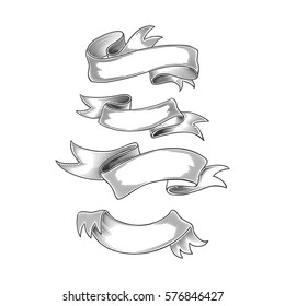 Set of ribbons isolated on white background. Vector illustration of vintage engraving ribbon tapes for menu, poster, web and label. Hand drawn in a graphic style.