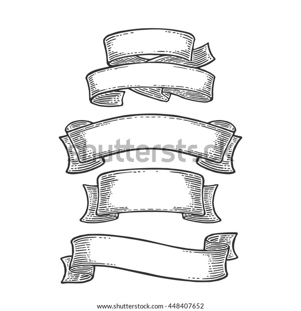 白い背景にリボンのセット メニュー ポスター ウェブ ラベル用のベクター黒のビンテージ彫刻イラスト グラフィックスタイルで描かれた手 のベクター画像 素材 ロイヤリティフリー 448407652