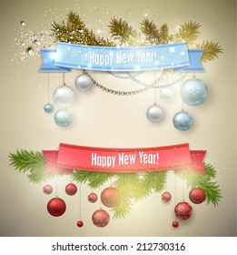 Set of  Ribbons, Labels, Tags "Merry Christmas and Happy New Year !"