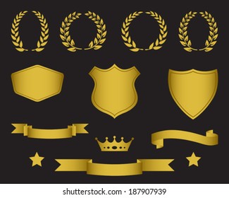 Set Of Ribbons, Laurel Wreaths, Stars, Shields And Crown