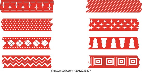 Set of ribbons, painting tapes Washi, scotch paper. Festive Christmas style ribbons in red, white. Elegant scotch tape for album decoration. Vector illustration for design,trees, gifts, snowflakes.