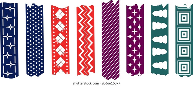 Set of ribbons, painting tapes Washi, scotch paper. Festive Christmas style ribbons in colored, white. Elegant scotch tape for album decoration. Vector illustration for design,trees,gifts, snowflakes.