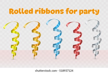 Set ribbons for party. Colored tape in a spiral for a Christmas party. Yellow, golden, blue, red and silver ribbon. Vector illustration