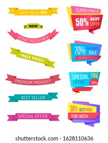 Set of ribbons and promo banners with sale and discounts offers from shops and stores. Shopping with reduced prices and low costs. Collection of isolated stripes with proposal, vector in flat style