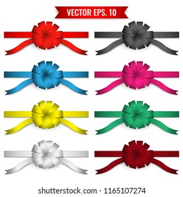 Set of ribbons red, black, blue, yellow, green, pink, white and brown isolated on background. Vector illustration.
