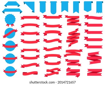 Set of Ribbons. Ribbon elements. Starburst label. Modern simple ribbons collection. Vector illustration. Ribbon red and blue colored.