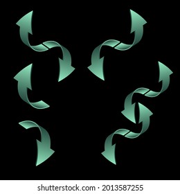 Set of ribbons in the shape of 3D arrows in sea green gradation on a black background.