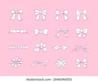 Set of ribbons tied into simple and intricate bows. Hand-drawn editable line art with white fill
