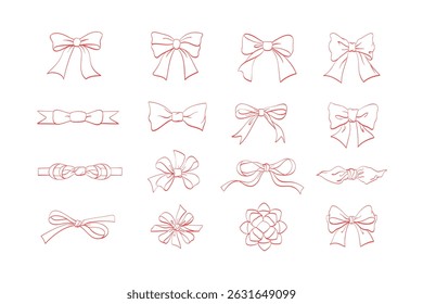 Set of ribbons tied into various bows, flowing hand-drawn line art, editable designs