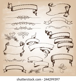 Set of ribbons in vintage style. Ads, including  swirls and advertisements for restaurant, coffee shop and bakery. Vector illustration.